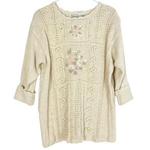 Vintage 80s 90s Grannycore Farmhouse Pullover Sweater Womens Size Medium Floral